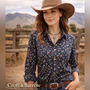 Croft & Barrow Navy Mustard Floral Button Down Shirt Cotton Stretch Size S